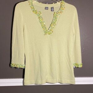 Saks Fifth Ave. Cashmere Light Green Beaded and Sequin Trim V-Neck Sweater